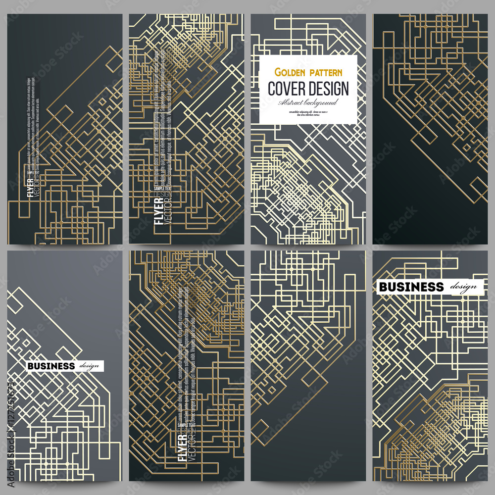 Poster set of modern flyers. golden technology pattern on dark background with connecting lines and dots, c