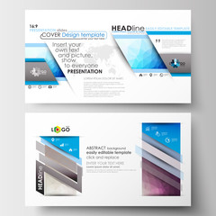 Business templates in HD format for presentation slides. Easy editable layouts in flat design. Abstract triangles, blue triangular background, colorful polygonal pattern.