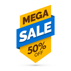 Mega sale banner, Yellow and blue colors. Vector illustration