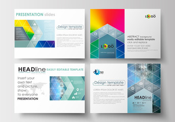 Set of business templates for presentation slides. Easy editable layouts in flat design. Abstract triangles, blue triangular background, modern colorful polygonal vector.