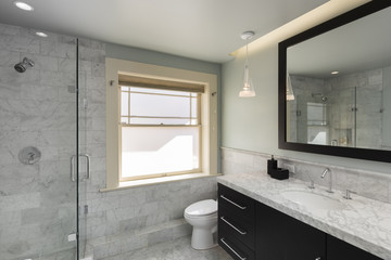 Interior of modern luxury minimalistic bathroom with exspensive