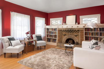 Traditional colorful Living Room with rug, couch books in red.