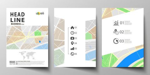 Business templates for brochure, magazine, flyer, booklet or annual report. Easy editable layout in A4 size. City map with streets. Flat design cover template, tourism businesses, abstract vector.