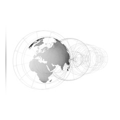 Dotted world globe, isolated abstract construction, connecting lines on white background. Vector design, structure, shape, form, orbit, space station. Scientific research. Science, technology concept.