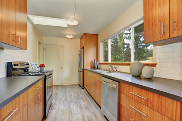 Narrow kitchen room with long grey counters