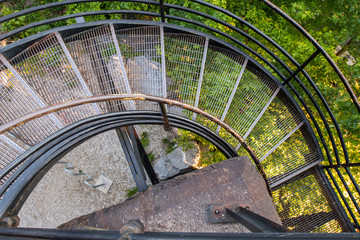 Looking Down on Spiral Metal Staircase