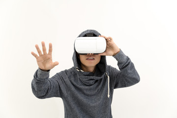 isolated man using VR glasses on white background