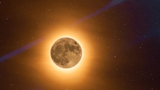 Animation of orange moon with halo moving from backward to forward on sky full of stars.