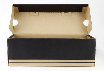 Black and tan shoe box. Side angle view. Lid open.  Horizontal.
