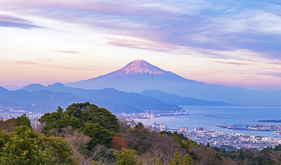 Stunning view from Fuji mountain, sunset create the best composition color of sea and sky from Japan, with Haze and smoke effect.