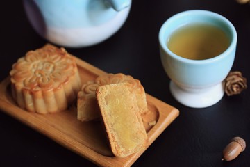 Festival moon cake and hot tea - Chinese cake