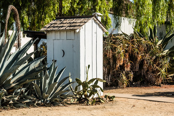 White outhouse surrounded by cactus plants in a garden.