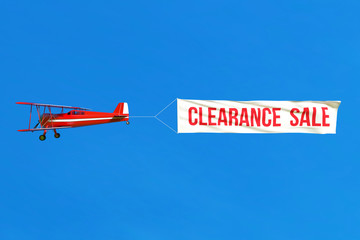 Flying airplane and Sale banner on blue sky. 3D illustration