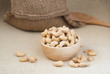 cashew nuts in wood bowl  