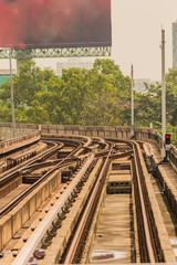 Obraz premium Metro subway tracks in Thailand./ Detail of rail yard, tracks and endstation BTS in Thailand. 