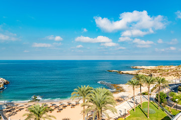 Beirut Coast Landscape at the Resort Hotel in Raouche, Beirut, Lebanon. - obrazy, fototapety, plakaty
