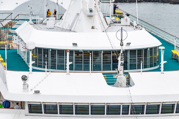 Navigation bridge and top level of large cruise ship