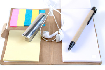 .Pencils, pens, paperweights, put on your desk, on a white backg