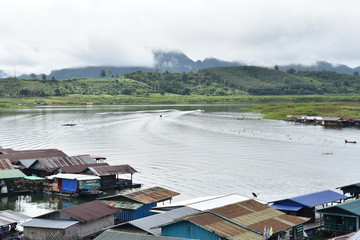 Houseboat village ,Sangkhlaburi, Kanchanaburi, Thailand.