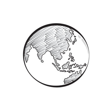 Earth icon hand-drawn on white background. World map in doodles style or globe retro style. Nature concept. Environment design for earth day.
