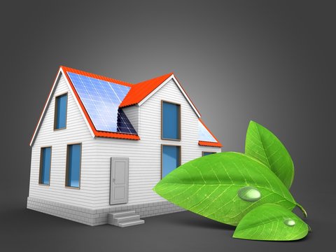 3d illustration of modern house over gray background with green leaf