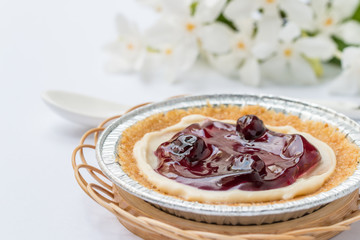 Blueberry cheesecake in foil tray.