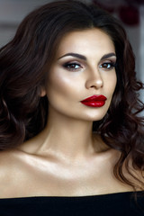 Beautiful woman portrait with red lips.