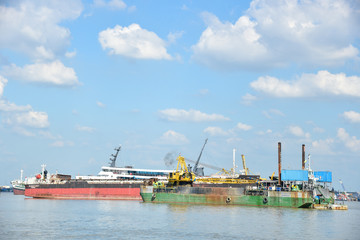 Cargo Ships in Seaport in Samut Prakarn Province, Thailand