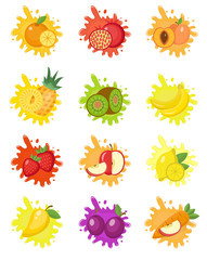 Fruits splash set of labels. Fruit splashes, drops emblem. Splash and blot kit. Vector illustration