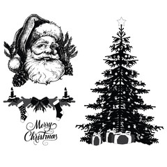 Santa Claus head..Christmas tree illustration