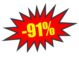 Discount 91 percent off. 3D illustration on white background.