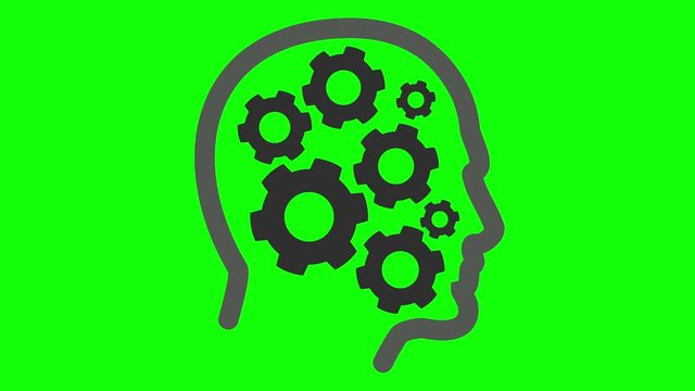 Cogs rotate inside human head. Brain Mechanics with spinning element. Available in 4K FullHD and HD video 2D render footage on green screen chroma key. Animation logo icon for yours presentation.