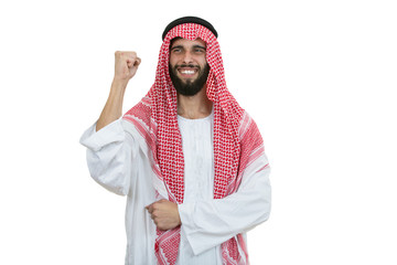 An arab person with a thumbs up isolated on white background