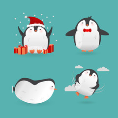 Collection of cute cartoon penguins characters.
