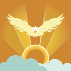 Abstract eagle flying with sunrise radiance and blue cloud ; sunshine bright illustration