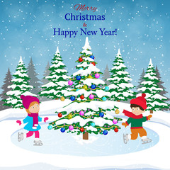 Happy new year and merry Christmas landscape card design with christmas tree.