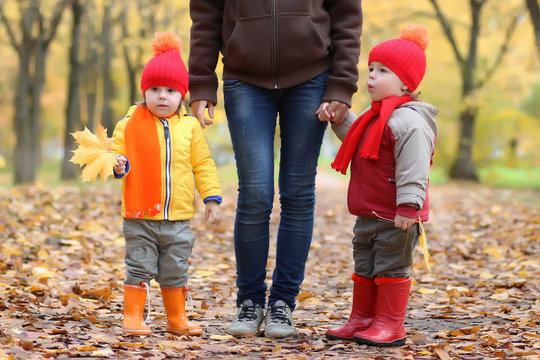 kids holding hands parent walk autumn leaves