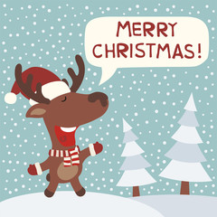 Merry Christmas! Funny reindeer in Christmas hat on background snowflakes. Card in cartoon style.