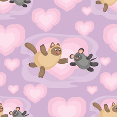 Colorful seamless pattern with an amusing cat and mouse. Fun children's background in cartoon style. 