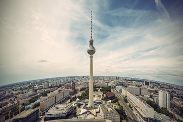 Panoramic view over Berlin at evening from the roof of the Hotel Park Inn Berlin, Vintage filtered Style