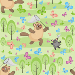Colorful seamless pattern with an amusing cat and mouse. Fun children's background in cartoon style. 