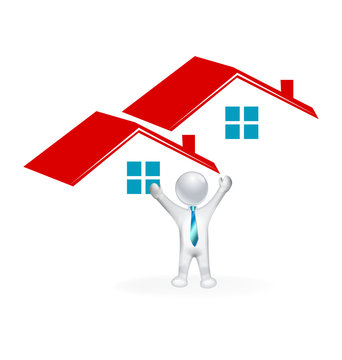 Real estate houses and happy 3D man closing a home sale image icon logo