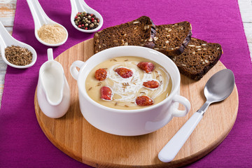 Beer and Cheddar cream Soup with Kielbasa Sausage