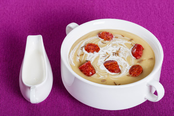 delicious Beer and cream spicy Soup with Kielbasa Sausage