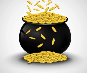 Gold coins falling in black pot 