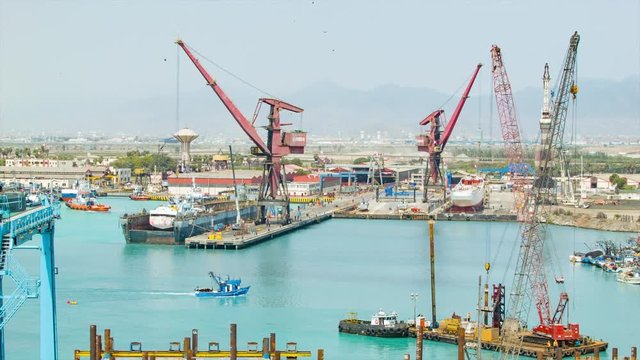 Lima Peru Industrial Seaport Wide Establishing Shot with Drydocks and Cranes