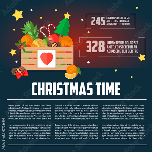 Christmas Wooden Box With Fruit And Dessert Infographics Christmas Template Flat Style Box Vector Ilration Business Letterhead Time