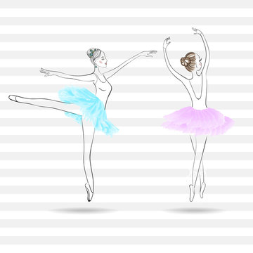 Two cute young ballerinas dancing on pointe, ballet shoes in flo