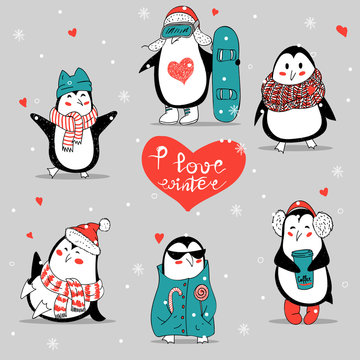 Set with cute hand drawn penguins  - Merry Christmas greetings.