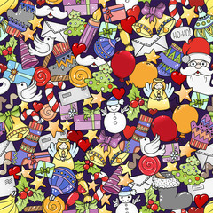 Merry christmas icons of xmas colorful seamless pattern. Ideal for holiday greeting cards, print, wrapping paper, shop web banner.